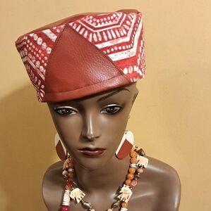 NEW  2PC HANDMADE TAM HAT FAUX LEATHER ACCENT,&  MATCHING HANDMADE EARRINGS 24"